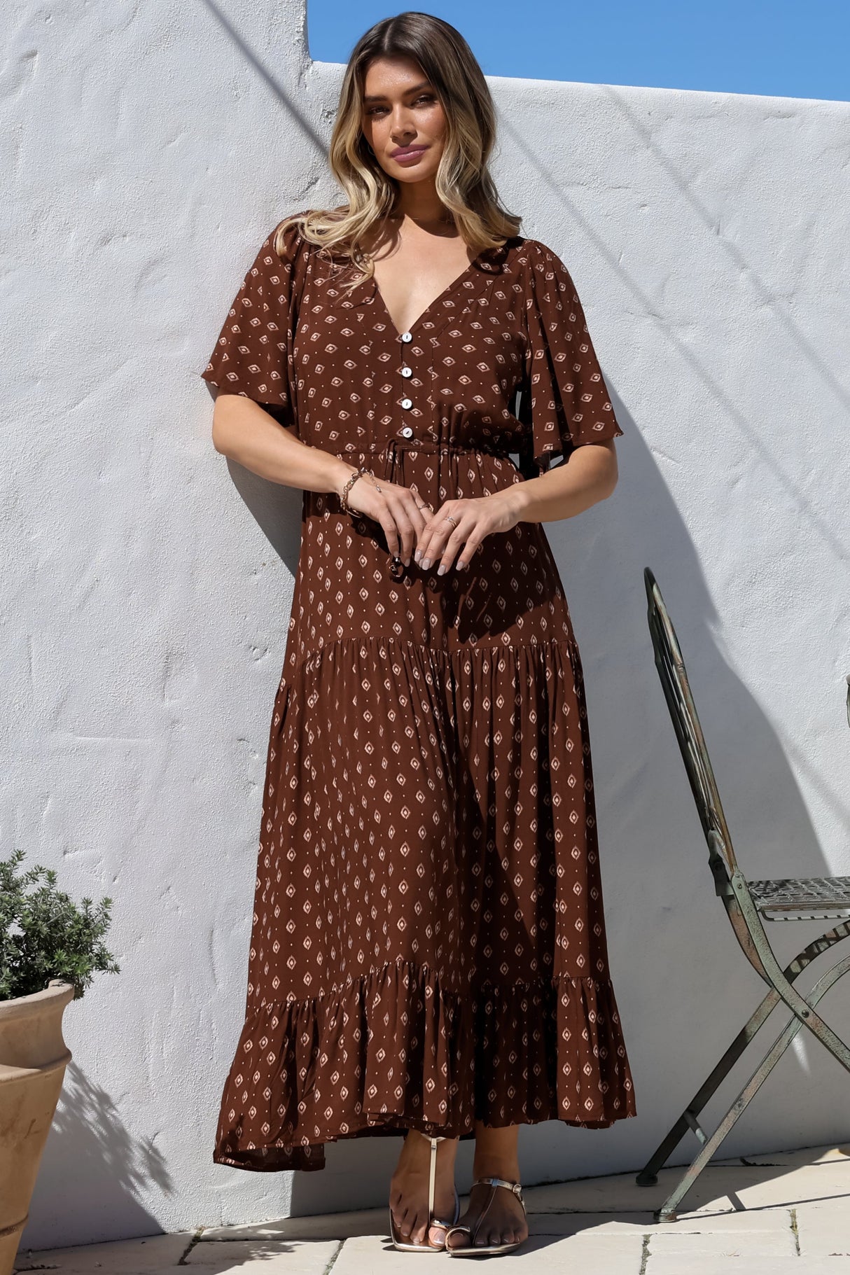 Tassia Maxi Dress - Buttoned Bodice Pull Tie Waist Dress in Kendy Print
