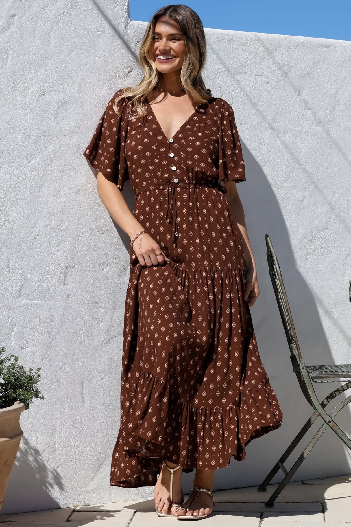 Tassia Maxi Dress - Buttoned Bodice Pull Tie Waist Dress in Kendy Print