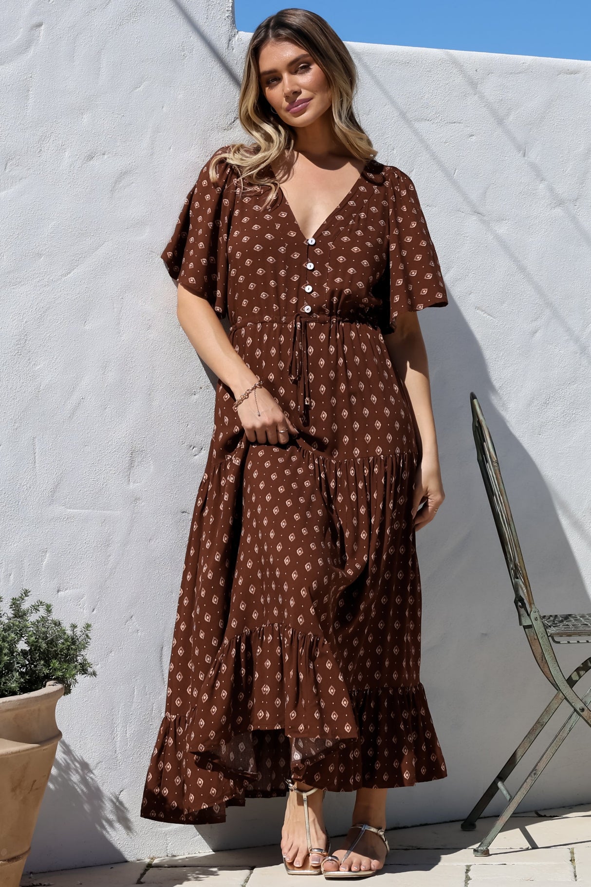 Tassia Maxi Dress - Buttoned Bodice Pull Tie Waist Dress in Kendy Print