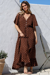 Tassia Maxi Dress - Buttoned Bodice Pull Tie Waist Dress in Kendy Print