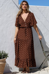 Tassia Maxi Dress - Buttoned Bodice Pull Tie Waist Dress in Kendy Print
