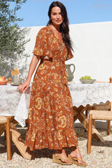 Tassia Maxi Dress - Buttoned Bodice Pull Tie Waist Dress in Leelou Print