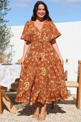Tassia Maxi Dress - Buttoned Bodice Pull Tie Waist Dress in Leelou Print