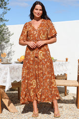 Tassia Maxi Dress - Buttoned Bodice Pull Tie Waist Dress in Leelou Print