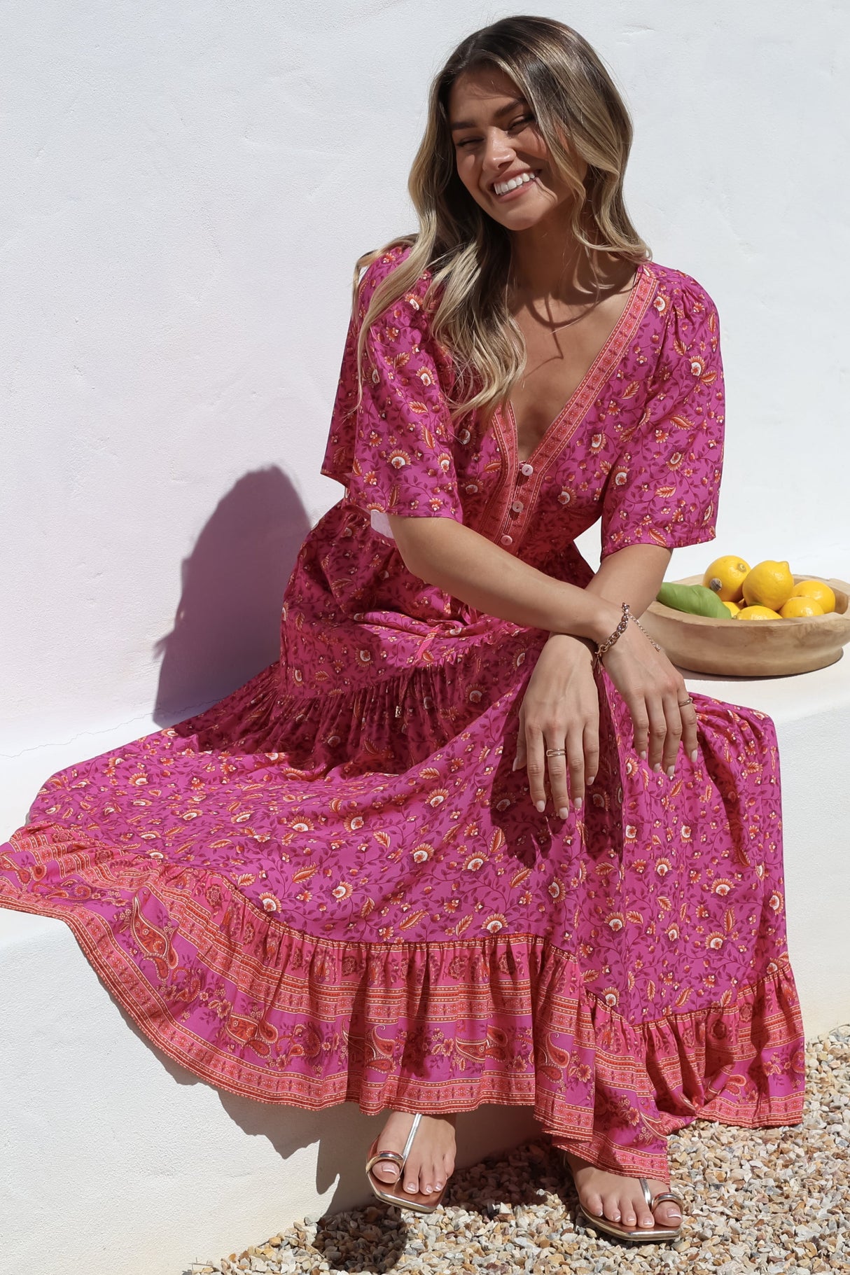 Tassia Maxi Dress - Buttoned Bodice Pull Tie Waist Dress in Quinne Print
