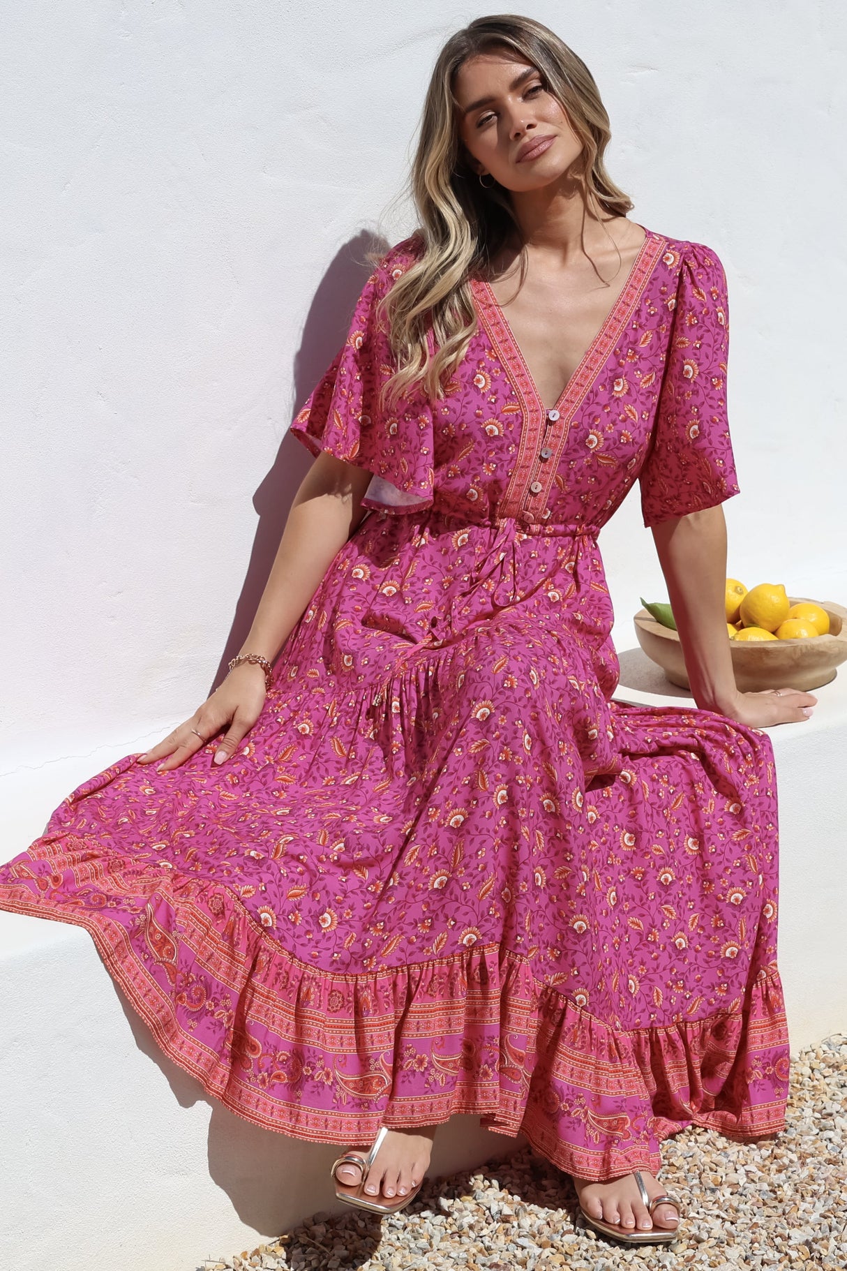 Tassia Maxi Dress - Buttoned Bodice Pull Tie Waist Dress in Quinne Print
