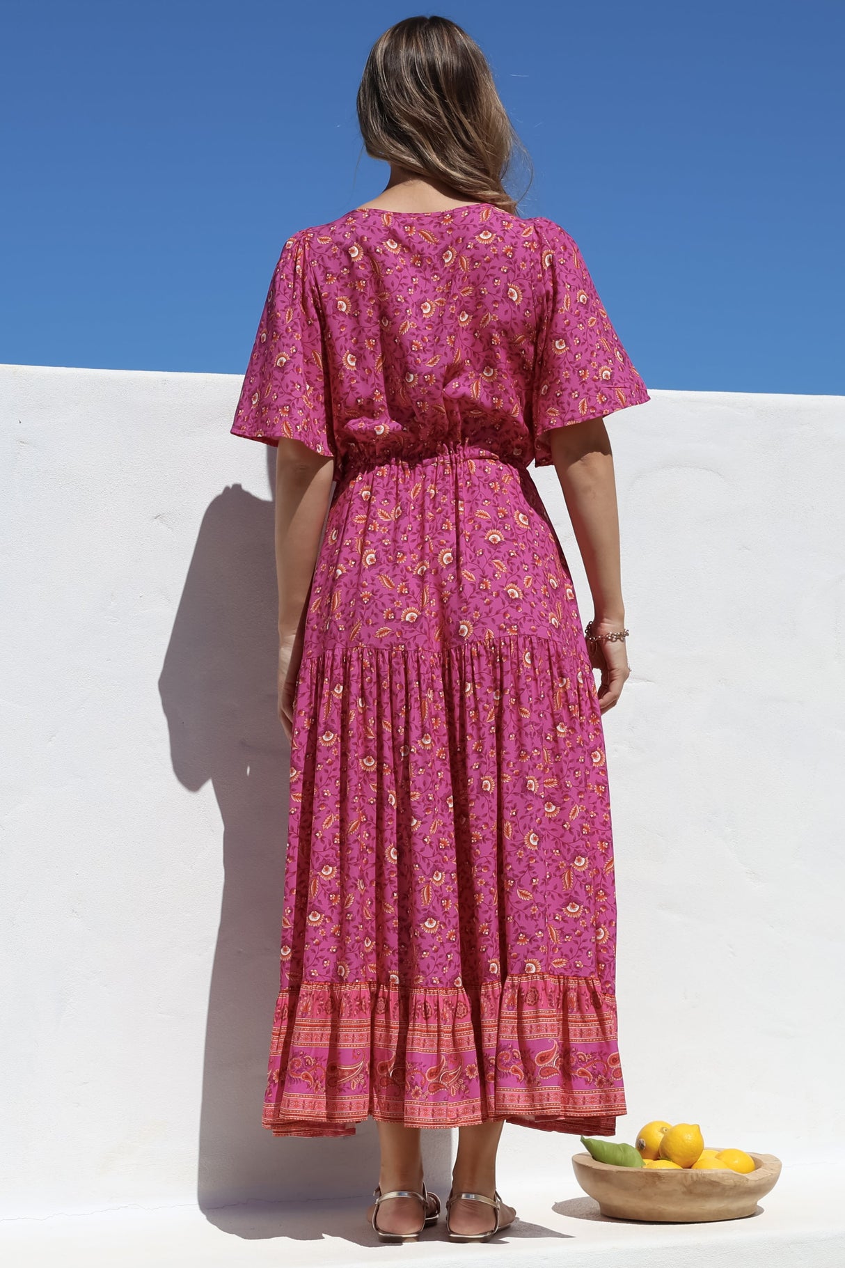 Tassia Maxi Dress - Buttoned Bodice Pull Tie Waist Dress in Quinne Print
