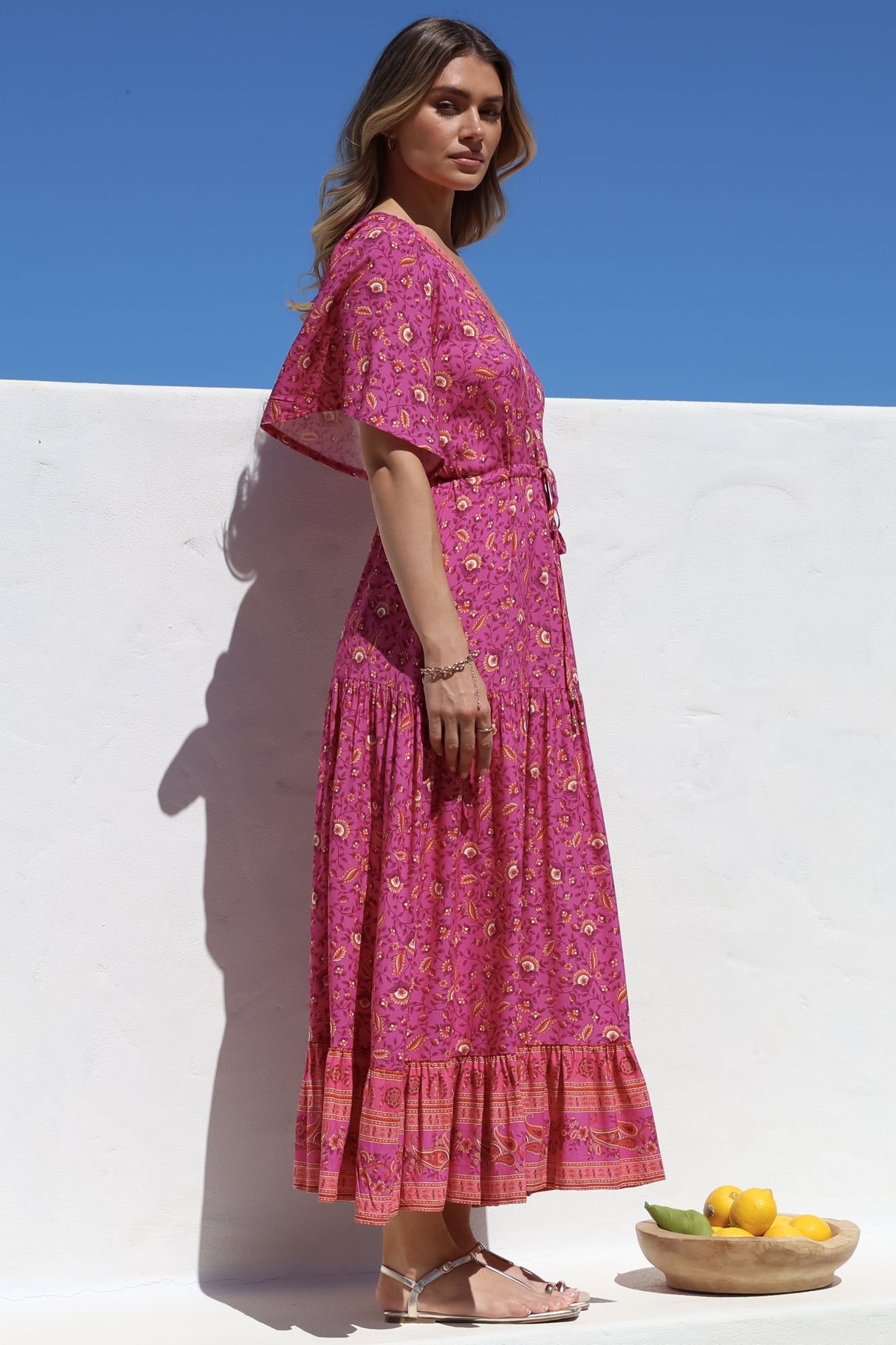 Tassia Maxi Dress - Buttoned Bodice Pull Tie Waist Dress in Quinne Print