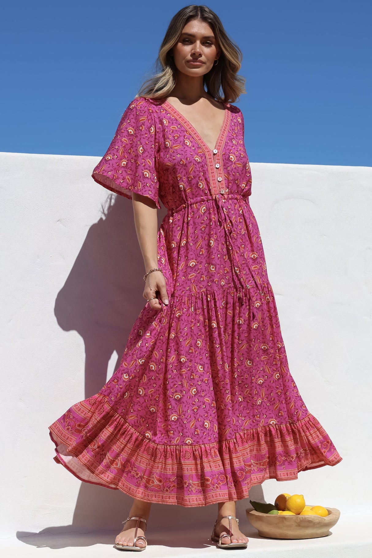 Tassia Maxi Dress - Buttoned Bodice Pull Tie Waist Dress in Quinne Print