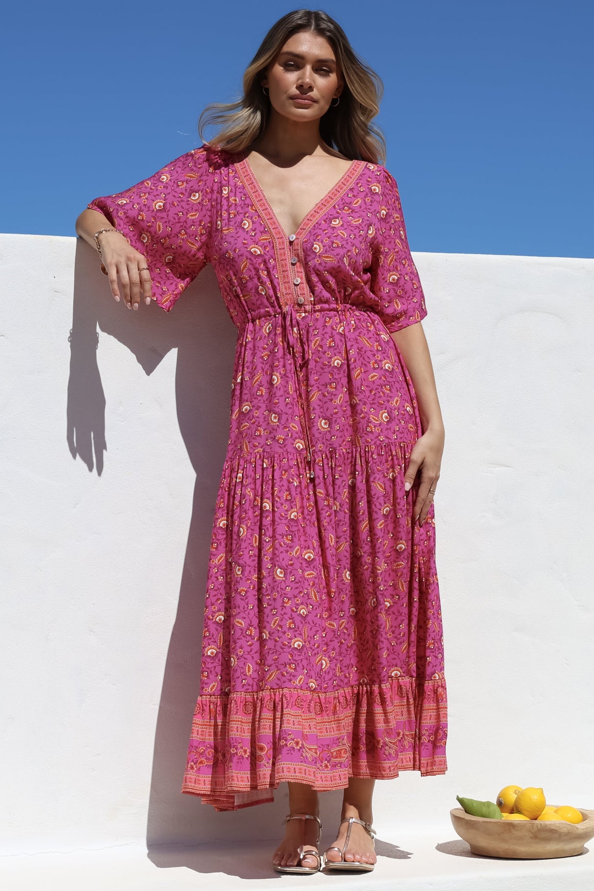 Tassia Maxi Dress - Buttoned Bodice Pull Tie Waist Dress in Quinne Print