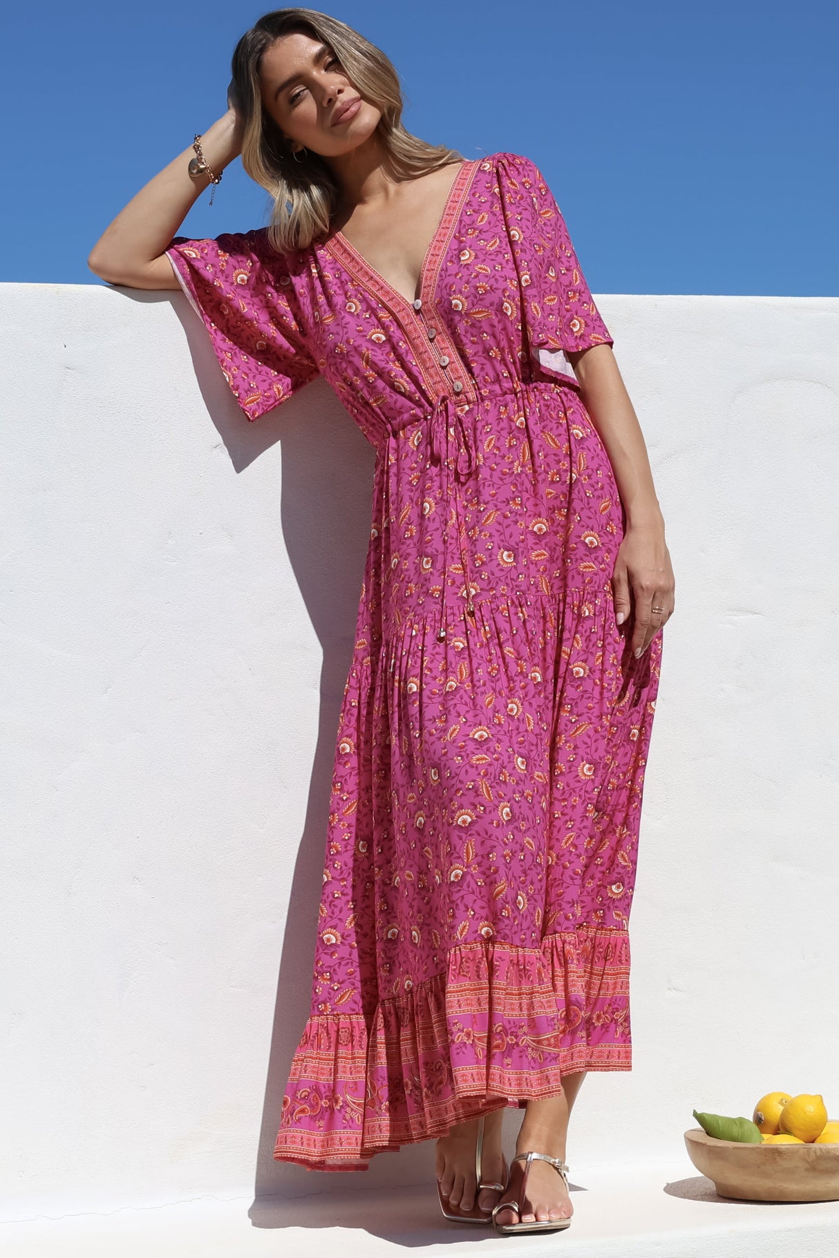 Tassia Maxi Dress - Buttoned Bodice Pull Tie Waist Dress in Quinne Print