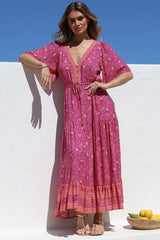 Tassia Maxi Dress - Buttoned Bodice Pull Tie Waist Dress in Quinne Print