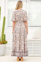 Tassia Maxi Dress - Buttoned Bodice Pull Tie Waist Dress in Soph Print