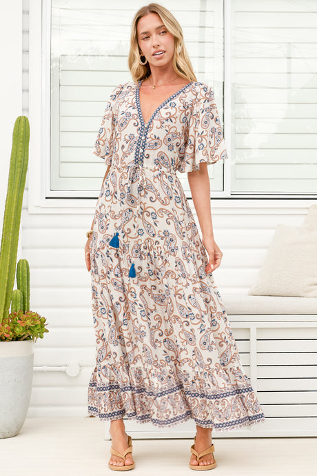 Tassia Maxi Dress - Buttoned Bodice Pull Tie Waist Dress in Soph Print