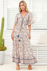 Tassia Maxi Dress - Buttoned Bodice Pull Tie Waist Dress in Soph Print