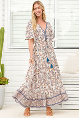 Tassia Maxi Dress - Buttoned Bodice Pull Tie Waist Dress in Soph Print
