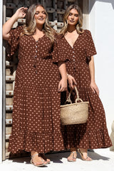 Tassia Maxi Dress - Buttoned Bodice Pull Tie Waist Dress in Kendy Print