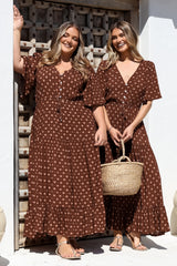 Tassia Maxi Dress - Buttoned Bodice Pull Tie Waist Dress in Kendy Print