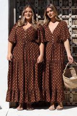Tassia Maxi Dress - Buttoned Bodice Pull Tie Waist Dress in Kendy Print