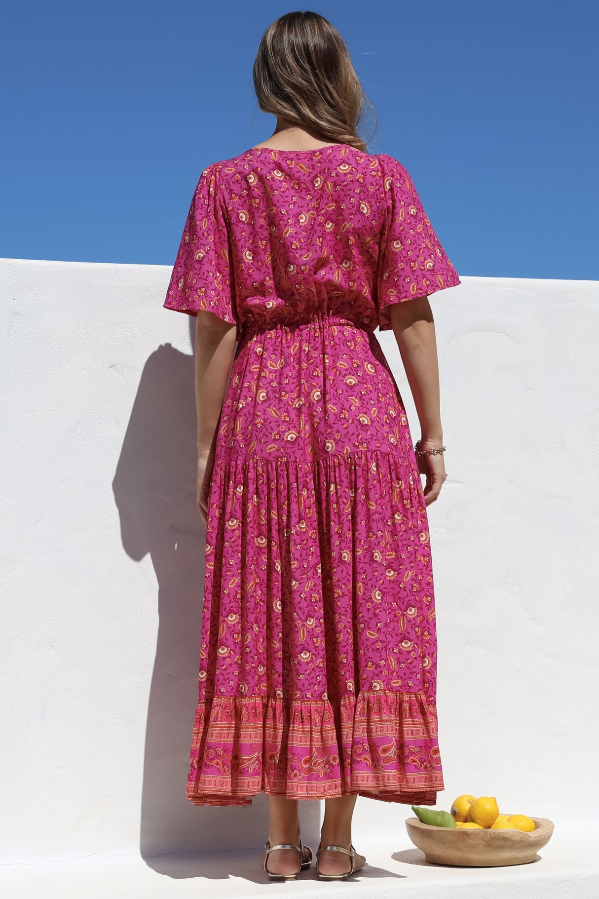 Tassia Maxi Dress - Buttoned Bodice Pull Tie Waist Dress in Quinne Print