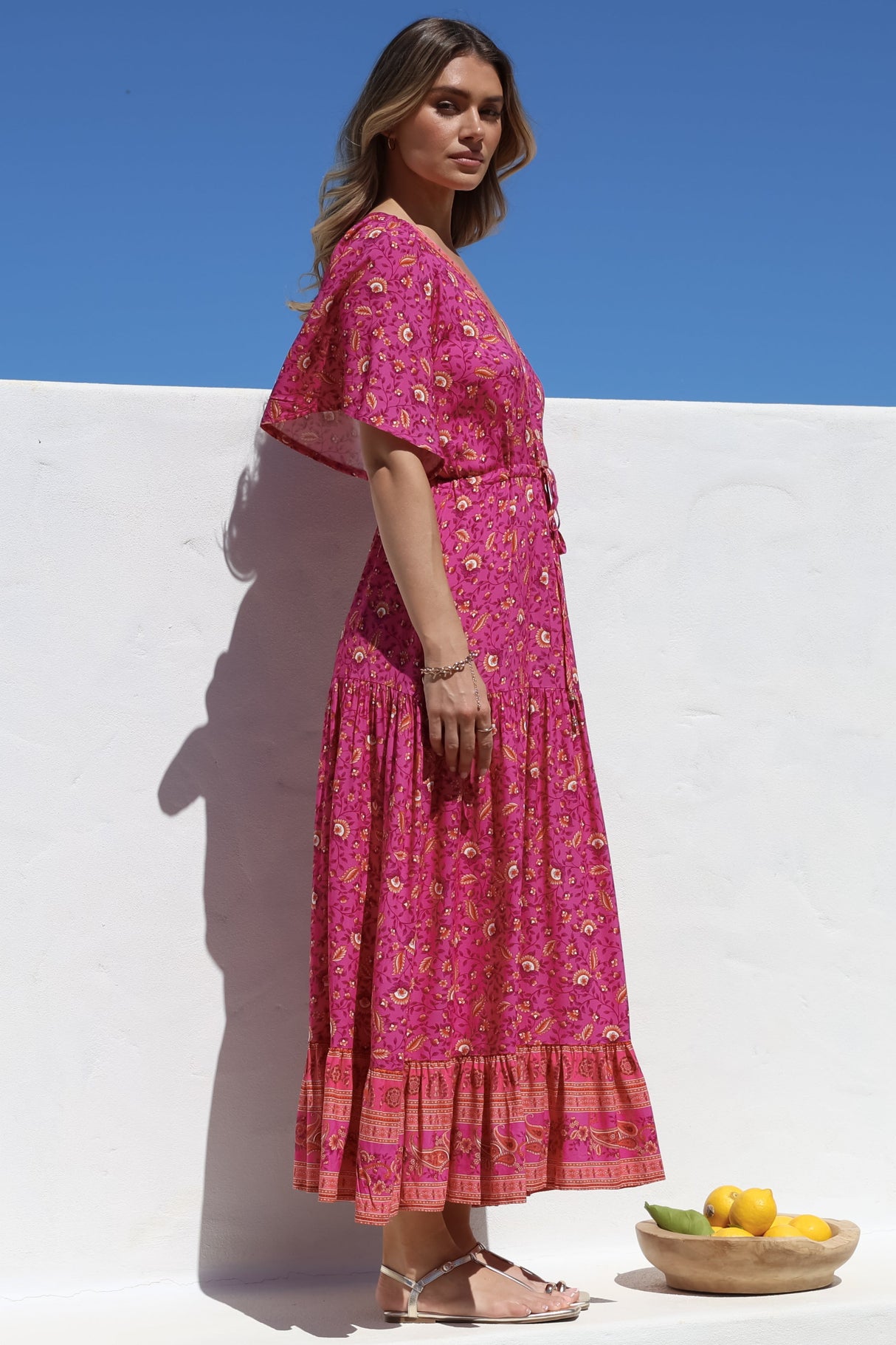 Tassia Maxi Dress - Buttoned Bodice Pull Tie Waist Dress in Quinne Print