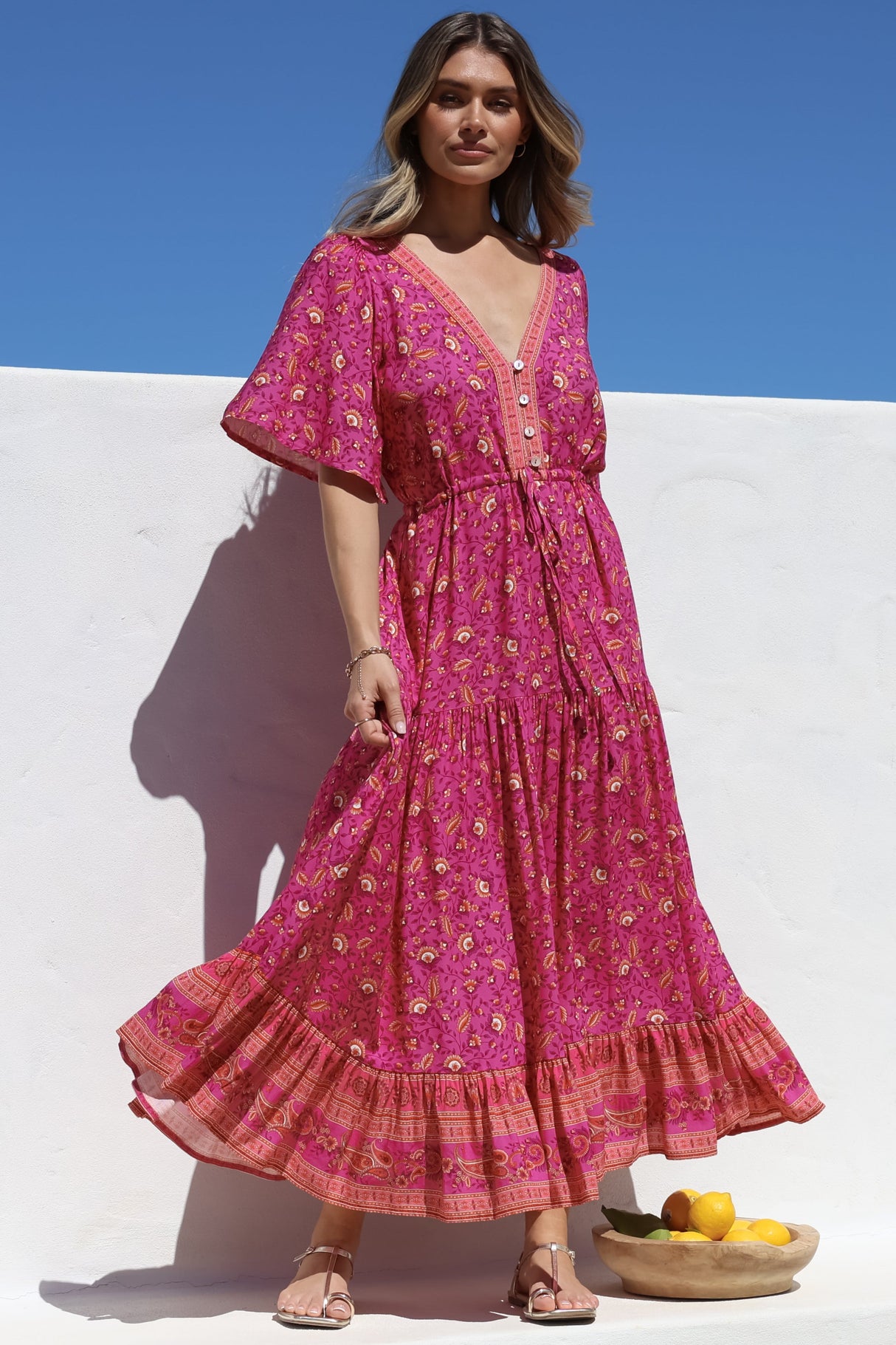 Tassia Maxi Dress - Buttoned Bodice Pull Tie Waist Dress in Quinne Print
