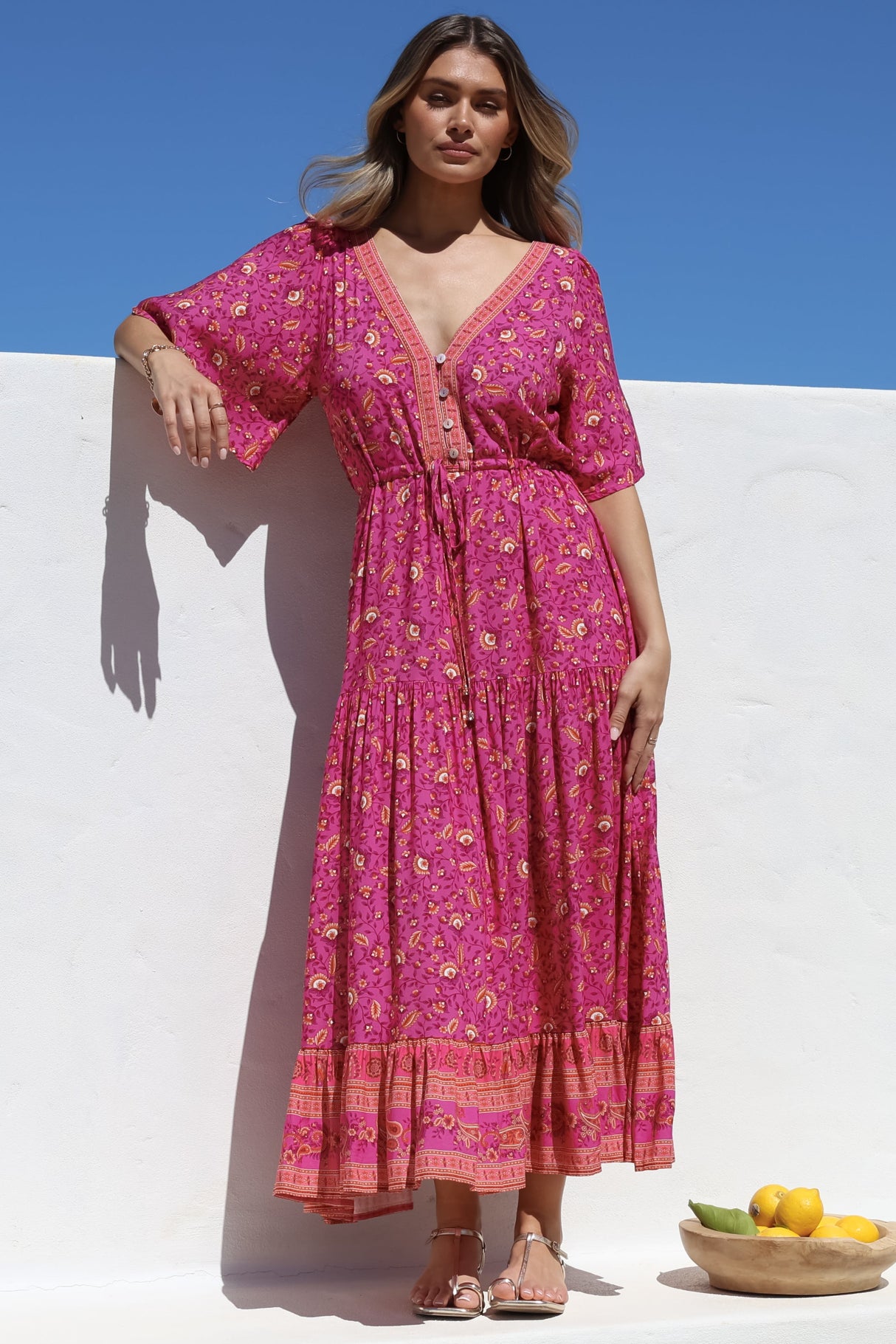 Tassia Maxi Dress - Buttoned Bodice Pull Tie Waist Dress in Quinne Print