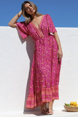 Tassia Maxi Dress - Buttoned Bodice Pull Tie Waist Dress in Quinne Print