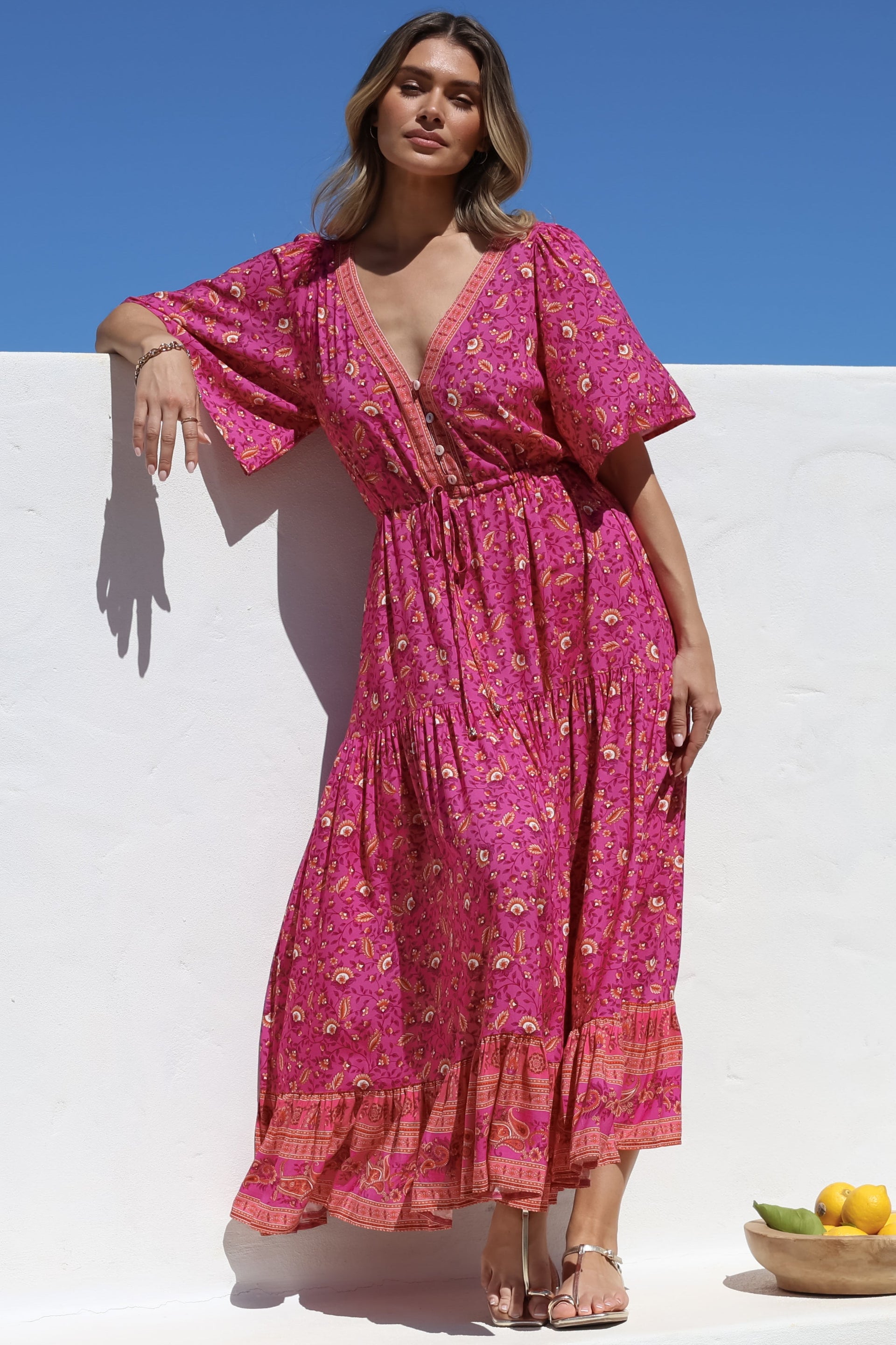 Tassia Maxi Dress Buttoned Bodice Pull Tie Waist Dress Quinne Print