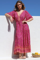 Tassia Maxi Dress - Buttoned Bodice Pull Tie Waist Dress in Quinne Print