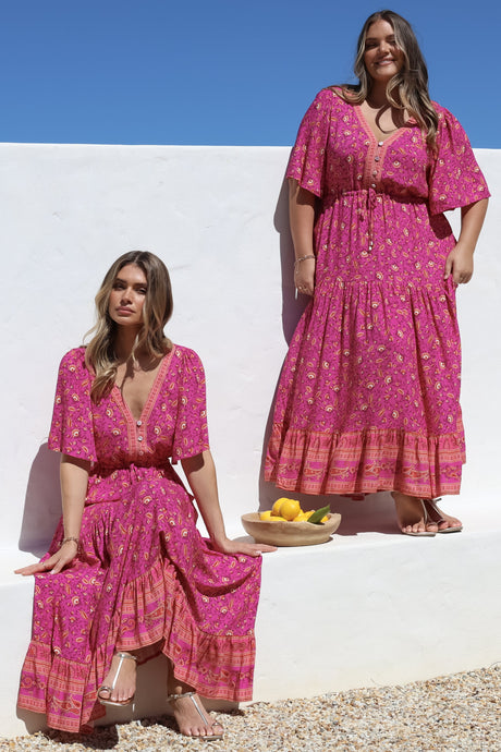 Tassia Maxi Dress - Buttoned Bodice Pull Tie Waist Dress in Quinne Print