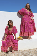 Tassia Maxi Dress - Buttoned Bodice Pull Tie Waist Dress in Quinne Print