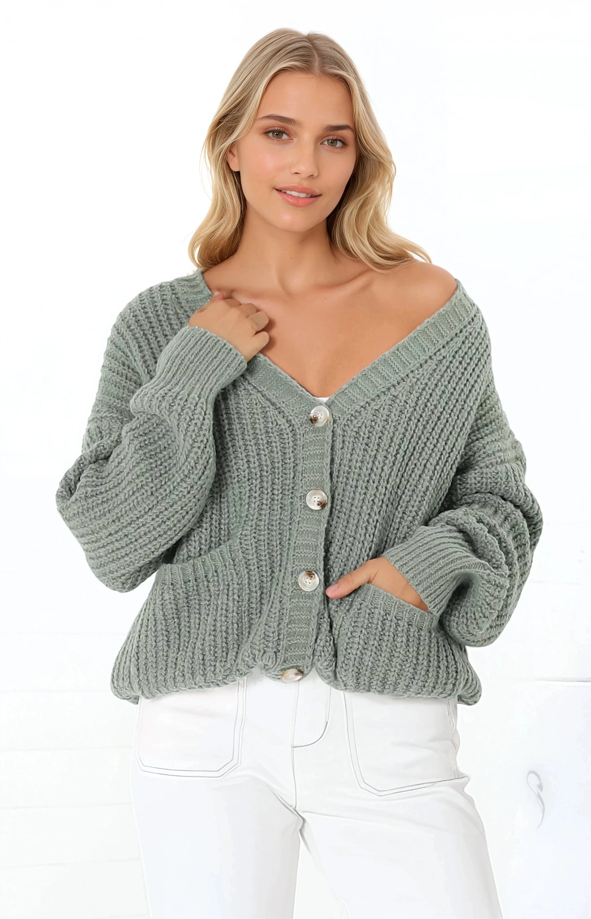 Tatie Cardigan - Open Front Knit Cardigan with Pockets in Green