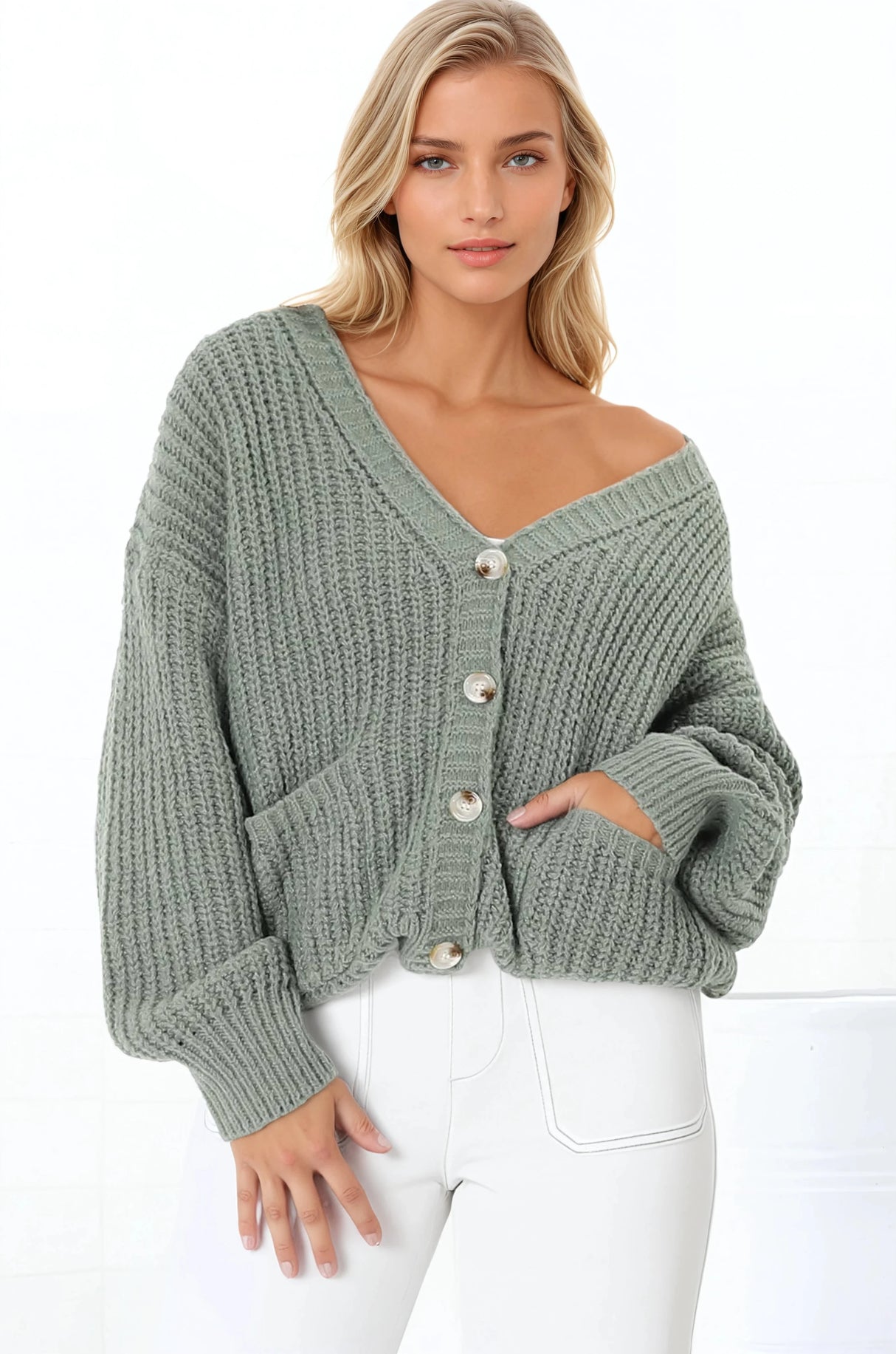 Tatie Cardigan - Open Front Knit Cardigan with Pockets in Green