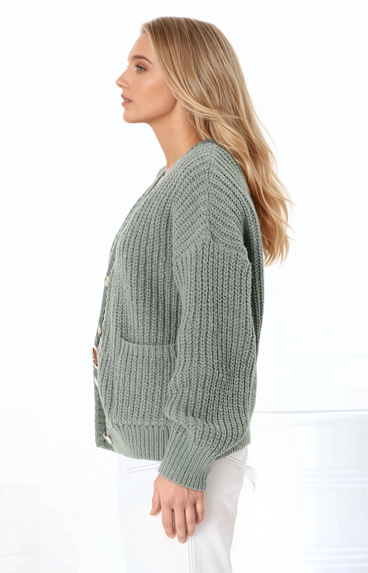 Tatie Cardigan - Open Front Knit Cardigan with Pockets in Green
