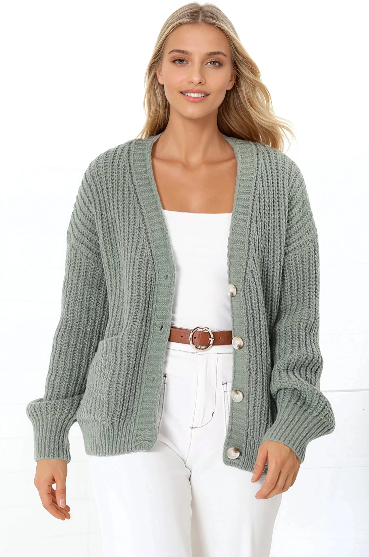 Tatie Cardigan - Open Front Knit Cardigan with Pockets in Green