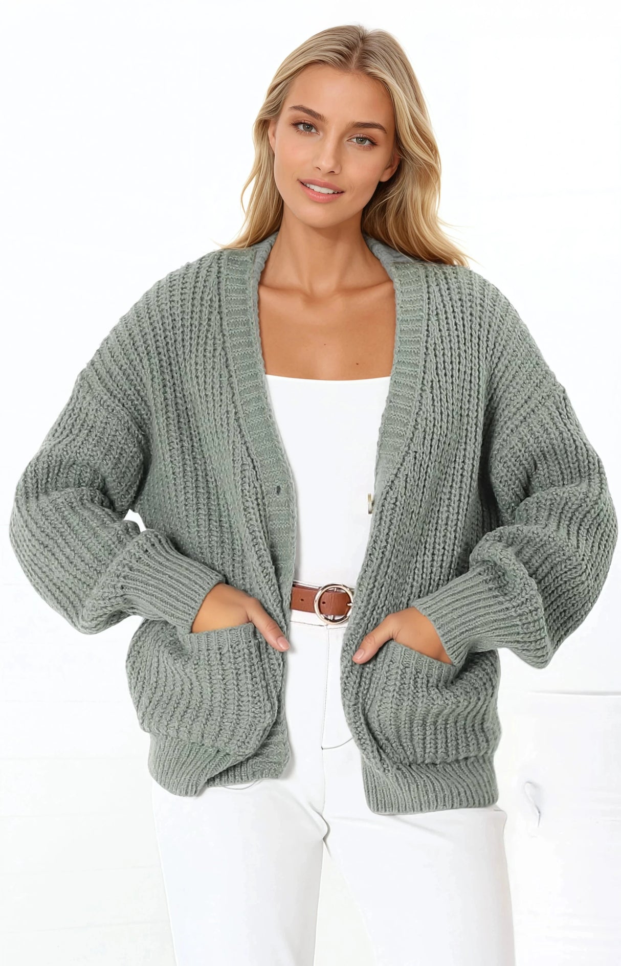 Tatie Cardigan - Open Front Knit Cardigan with Pockets in Green