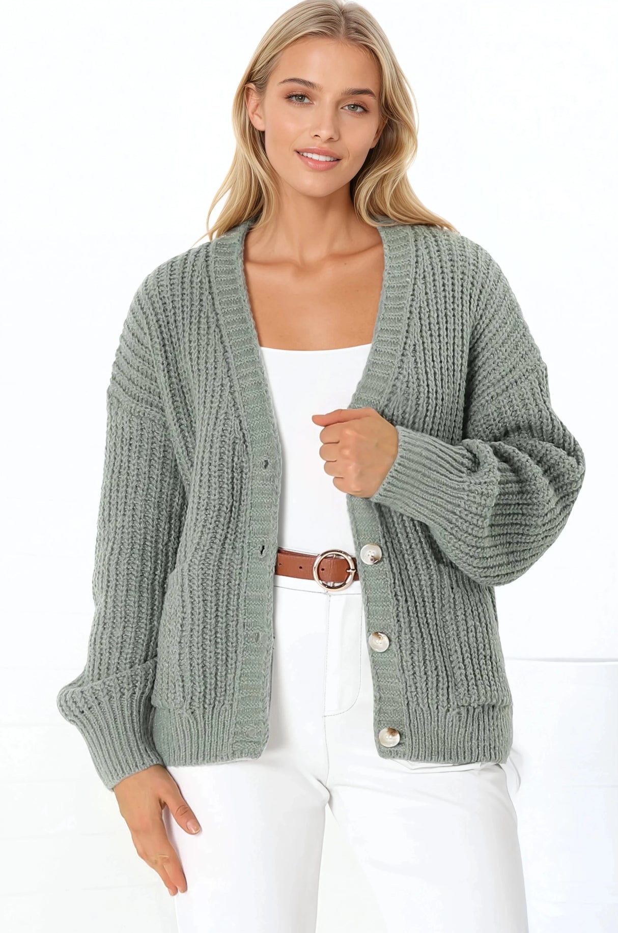 Tatie Cardigan - Open Front Knit Cardigan with Pockets in Green