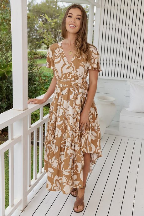 JAASE - Taurus Maxi Dress: Flutter Cap Sleeve Deep V Neck Handkerchief Hem Dress with Matching Waist Tie in Champagne Mist Print