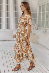 JAASE - Taurus Maxi Dress: Flutter Cap Sleeve Deep V Neck Handkerchief Hem Dress with Matching Waist Tie in Champagne Mist Print