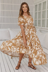 JAASE - Taurus Maxi Dress: Flutter Cap Sleeve Deep V Neck Handkerchief Hem Dress with Matching Waist Tie in Champagne Mist Print