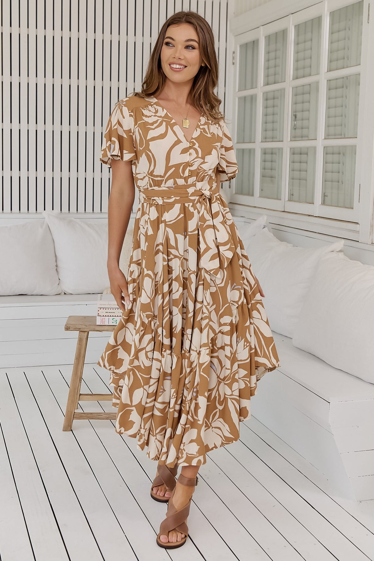 JAASE - Taurus Maxi Dress: Flutter Cap Sleeve Deep V Neck Handkerchief Hem Dress with Matching Waist Tie in Champagne Mist Print