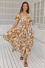 JAASE - Taurus Maxi Dress: Flutter Cap Sleeve Deep V Neck Handkerchief Hem Dress with Matching Waist Tie in Champagne Mist Print