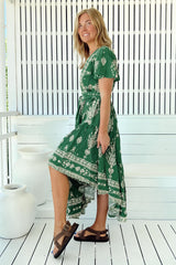 JAASE - Taurus Maxi Dress: Flutter Cap Sleeve Deep V Neck Handkerchief Hem Dress with Matching Waist Tie in Kiva Print