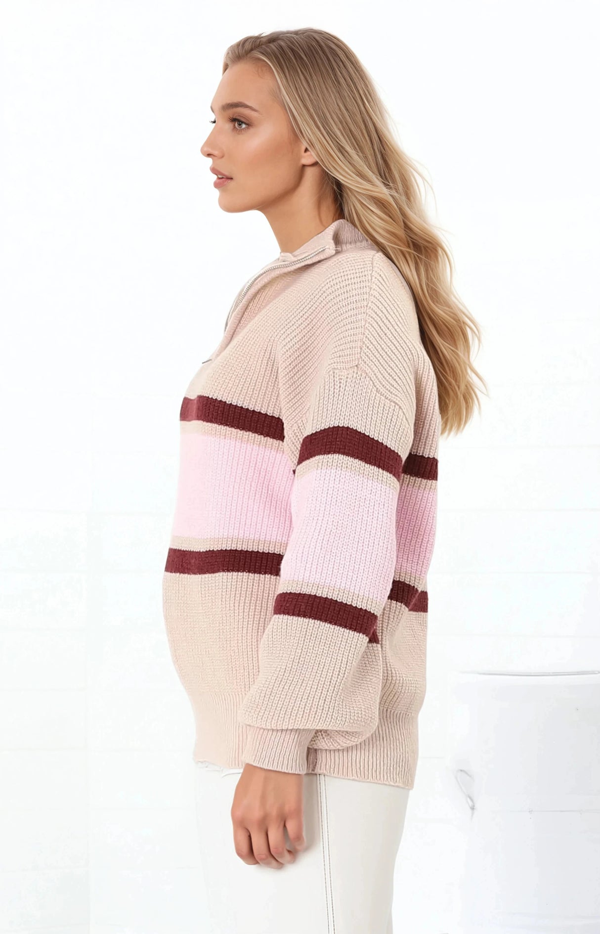 Tayla Jumper - V-Neck Striped Jumper in Pink