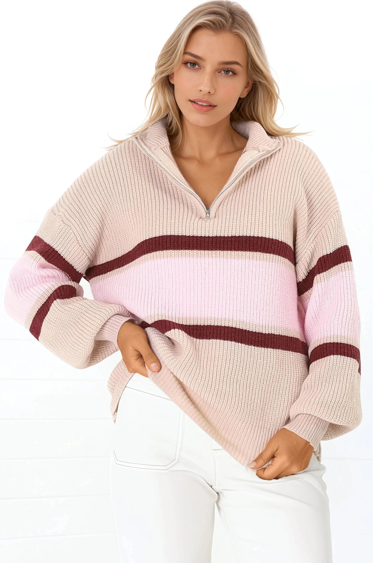 Tayla Jumper - V-Neck Striped Jumper in Pink