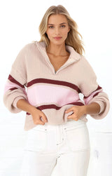 Tayla Jumper - V-Neck Striped Jumper in Pink