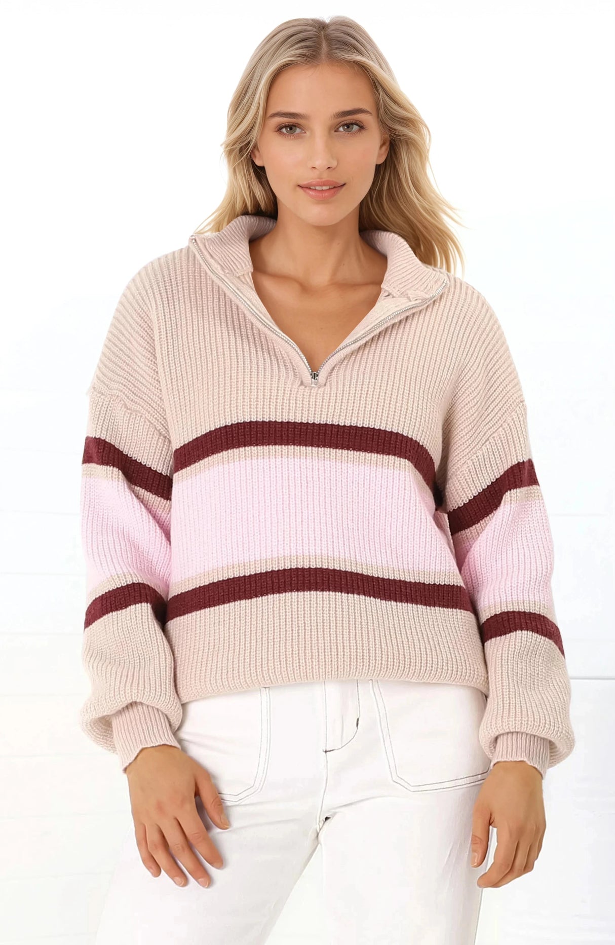 Tayla Jumper - V-Neck Striped Jumper in Pink