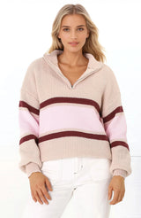 Tayla Jumper - V-Neck Striped Jumper in Pink