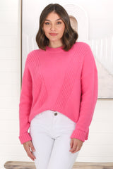 Taytum Jumper - Ribbed Pattern Detail Pull Over Knit Jumper in Pink